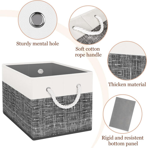 Storage Bin, Collapsible Storage Basket for Organizing, Large Storage Boxes with Rope Handles, White & Black, Pack of 3