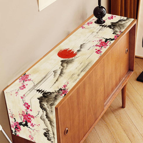 Drapeloft 13"x108" Inch Japanese Table Runner, Cherry Blossom Asian Ink Painting Landscape Anime Nature Vintage Asian