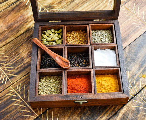 9x9 Inch 9 Ajuny Wooden Spice Box - Decorative Masala Dabba Organizer with Glass Lid, Compartments & Spoon, Spice