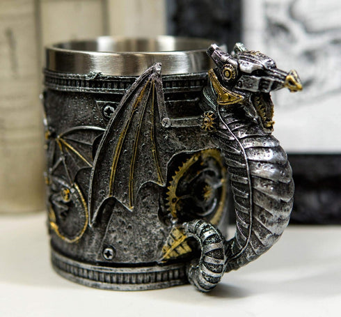 Ebros Gift Steampunk Nightcrawler Silver Firewheel Cyborg Dragon Beer Stein Tankard Coffee Mug