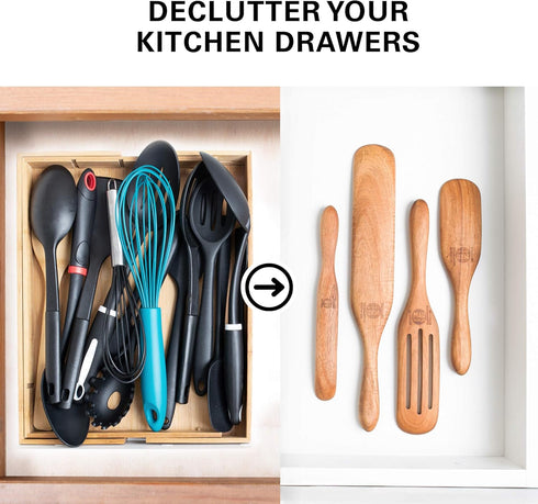 Mad Hungry Spurtle 4pc Set, As Seen on TV, Acacia Premium Wood Cooking Utensils for Non Stick Cookware, Baking, and More