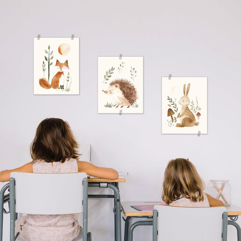 BESERH Set 3, 8x10 Inches Woodland Animals Nursery Decor, Wild Animals Forest nursery wall art Hedgehog Fox Hare