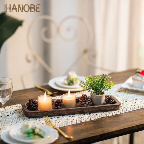Hanobe Rustic Wood Centerpiece Tray: Decorative Tealight Candle Holders Long Farmhouse Candle Plate Wooden Table
