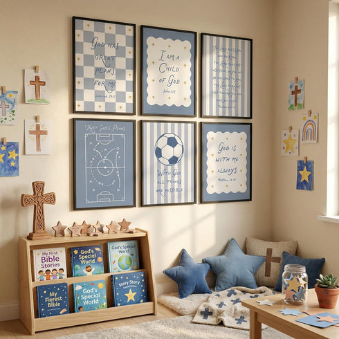 WWSGSG 6pcs Blue Bible Verse Canvas Wall Art Christian Baby Education Posters Prints Paintings Children'S Bible