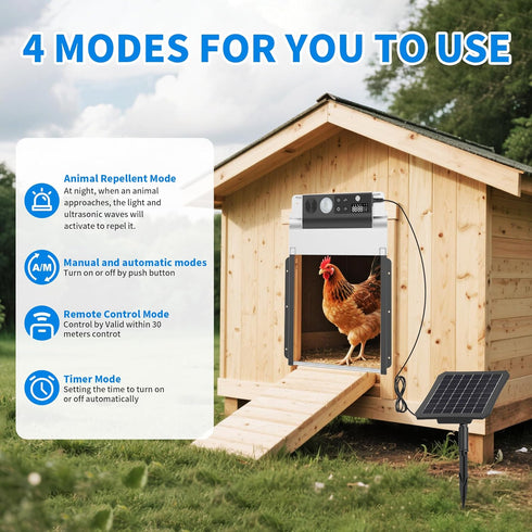 4 Anti-Pinch IPX5 Automatic Chicken Coop Door Solar Powered, LCD Display Automatic Chicken Door with Timer & Light