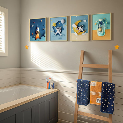 4 Framed Space Astronaut Cool Wall Art for Nursery Decor, Piece Modern Space Themed Canvas Prints Artwork for Walls