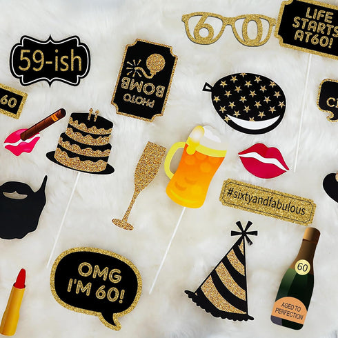 Adult 60th Birthday Photo Booth Props, 41Pcs for Her Him, Gold and Red Decorations, Party Supplies