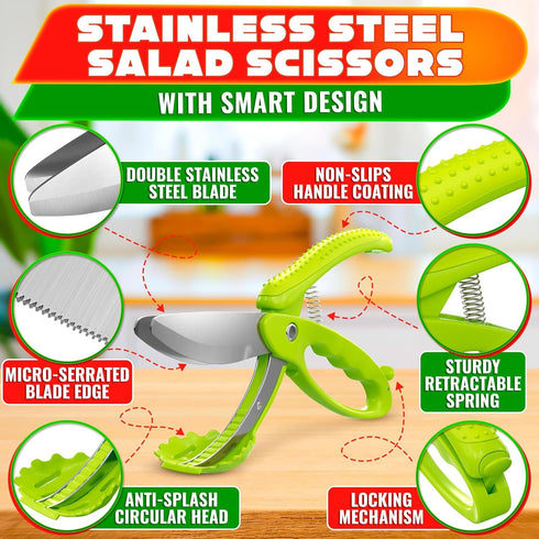 8.9" Salad Scissors for Chopped Salad Multiblade Food Scissor Chopper With Spring-Loaded System & Anti-Slash Head