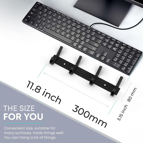 Matte Black Coat Rack Wall Mount, 12 Inch Stainless Steel Hook Rail with 4 Double Hooks for Entryway Organizer