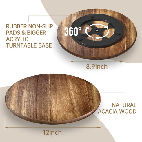 Lazy Susan Turntable for Cabinet: Acacia Wood Organizer for Kitchen Countertop and Bathroom Decor, 12 Inch