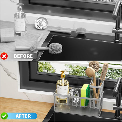 304 Countertop Cisily Sink Caddy Organzier with High Brush Holder, Sponge Holder for Sink, Rustproof Stainless, Kitchen