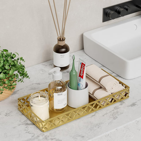 Bathroom Vanity Tray for Counter Organizer - 11 Inch Small Decorative Tray Gold Rectangle Countertop Tray for Perfume Makeup Cosmetic Jewelry by EKNITEY