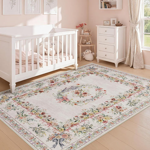 5x7 Joydeco Floral Bow Pink Rug for Bedroom, Washable Area Rug for Girls Nursery Playroom, Ultra-Thin Non Slip Soft