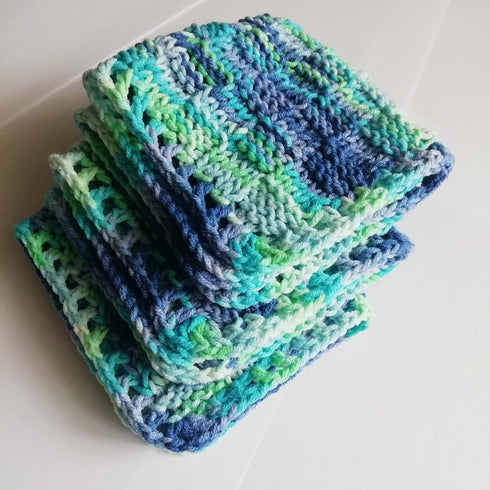 LarisaKnits set 3, Cotton colorful dishcloth reusable of Knitted absorbent bright mini towels Dark blue-light green