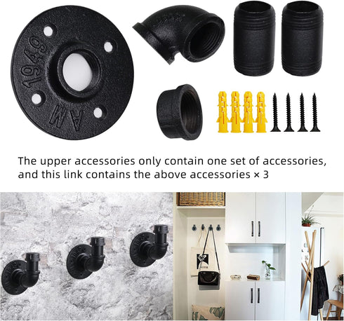Industrial Pipe Hooks 3 Pack, Heavy Duty Wall Mounted Robe Towel Hook, Rustic Coat Hanger Hat Holder