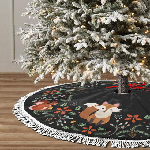 Forest Wreath Christmas Tree Skirt, Gorgeous Edge Tassel Lace for 36" Xmas Ornaments Decoration, Fox Design