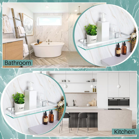 Ripeng 2 Pieces Bathroom Glass Floating Glass Corner Shelf Aluminum Tempered Wall Shelves Rectangular Rustproof Wall