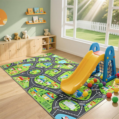 72"x48" City Life Car Play Rugs, Educational and Fun Urban Road Play Mat for Kids, Non-Slip Playmat with Streets