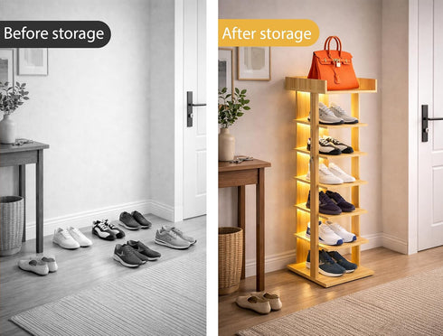 Generic 6 Closet, 7-12 Tier Wooden Freestanding Shoe Rack with LED Ambient Lighting, Slim Narrow Vertical Shoe