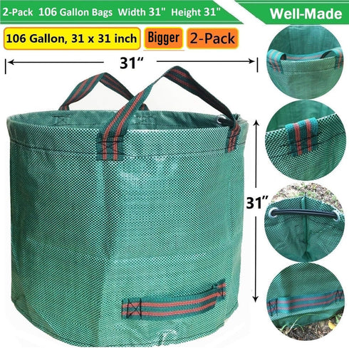 2-Pack 106 (D31,H31 inch) 4 Professional Gallon Large Lawn Garden Bags Yard Waste Bags with Gardening Gloves for Leaf