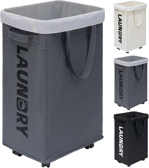 Goodpick 75L Laundry Basket with Wheels, Collapsible Large Hamper, Slim Design with Removable Wash Bag, Grey
