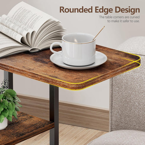 C Shaped End Table, Small Side Table for Couch, Recliner, Slide Under Sofa Tray Desk Snack Tables with Storage Bag