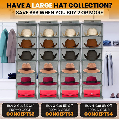 Boxy Concepts 6-Shelf Cowboy Hat Organizer Rack - 13in Wide X-Large Grey, Hat Rack for Wall Mount Hook & Loop