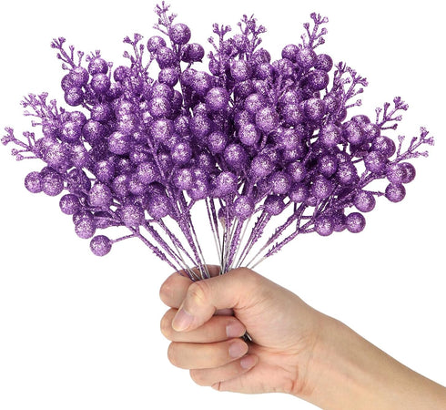 Kesywale Artificial Purple Berry Stems, 24 Pack 8.7" Christmas Glitter Berries Stems Artificial