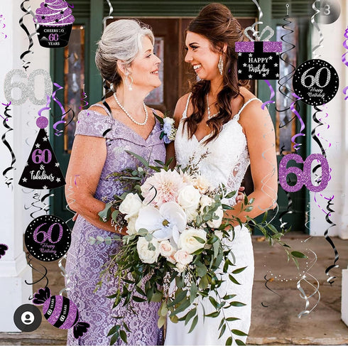 60th Birthday Decorations for Women, Purple Black Silver Hanging Swirls Ceiling for 60th Birthday Party