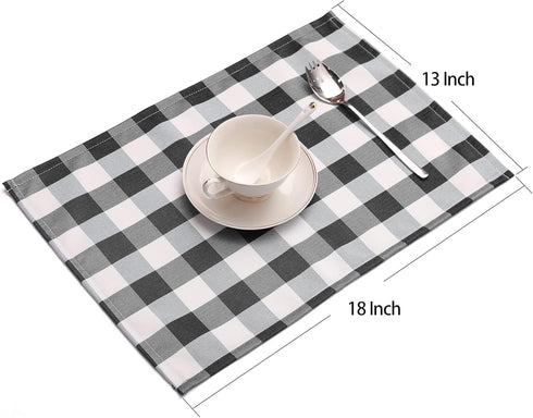 Nobildonna 18"x13" Plaid Checkered Placemats, Black & White, Set of 4 Durable Dining Table Mats