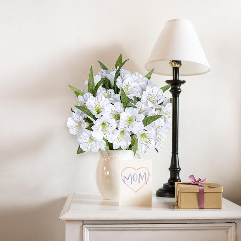 Alstroemeria Artificial Flowers, 18 Long Stems Faux Bouquet Silk Petals for Wedding Decoration, 4pcs (White)