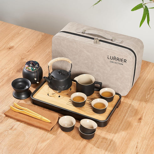 sets, TeaSet, sets sets, LURRIER Gongfu tea Portable Ceramic Asian Tea for adult, Tea Gift Grey leather case, Portable
