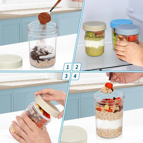 16 oz 4-Pack Xyptorix Overnight Oats Containers with Airtight Lids - Leak-Proof Wide Mouth Mason Jars & Divided Cups