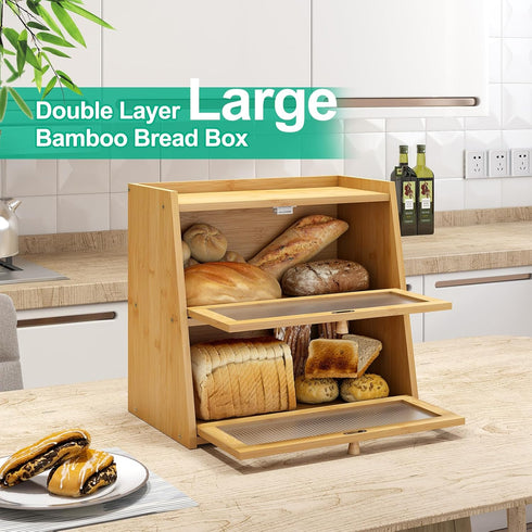 kiplant Counter, Large Bamboo Bread Box, Double Layer Bread Box for Kitchen Bamboo Bread Storage Container with Wavy