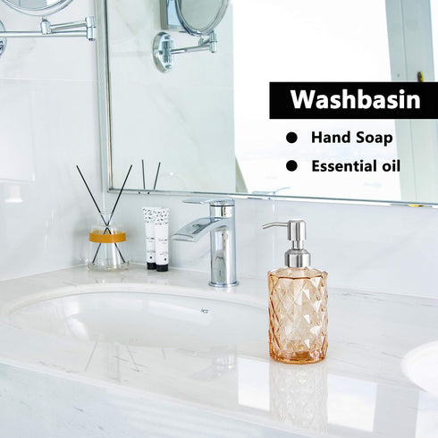 Easy-Tang 12 Oz Clear Glass Soap Dispenser for Kitchen and Bathroom, Refillable with Stainless Steel Pump, Amber
