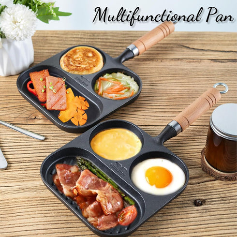 Egg Pan Omelette Pan, 3 Section Square Divided Breakfast Grill Pan with Solid Wood Handle, Nonstick Frying Pan for