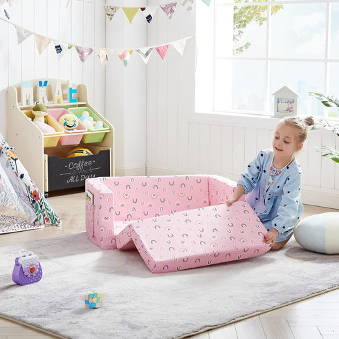 2-in-1 Ulax furniture Kids Fold Out Couch Children Convertible Sofa to Lounger with Soft Plush Fabric(Pink Rainbow)