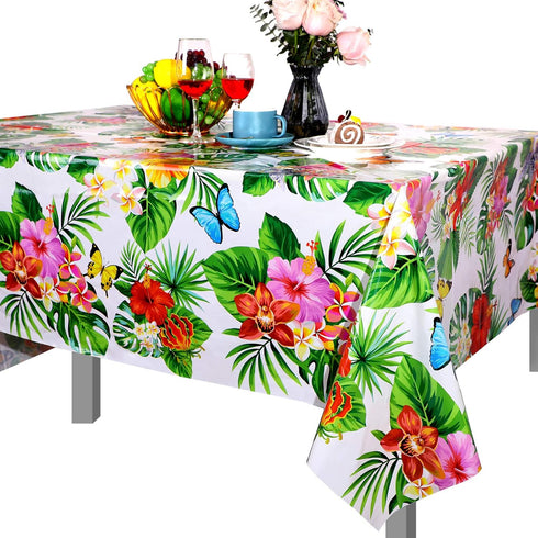 Tatuo 2 Pcs Large Summer Floral Table Cloth, Hawaiian Tropical Disposable Table Covers for Luau Party (51.2 x 86.6