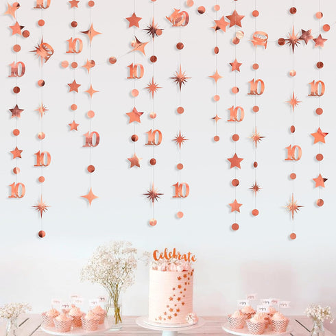 Rose Gold 10th Birthday Decorations, Number 10 Circle Dot Twinkle Star Garland Bunting Banner for Girls Boys Party