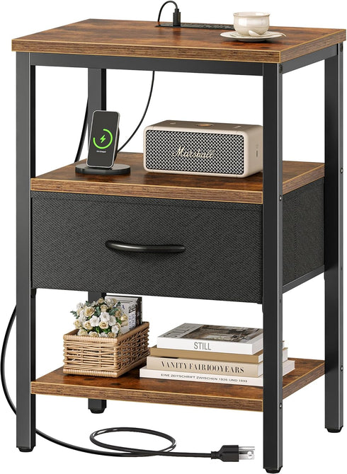 SUPERJARE Nightstand with Charging Station, Bed Side Table with Adjustable Fabric Drawer,