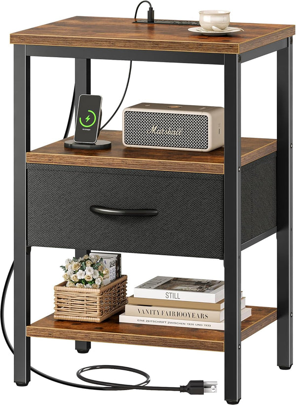 SUPERJARE Nightstand with Charging Station, Bed Side Table with Adjustable Fabric Drawer,