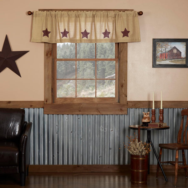 Burlap Natural with Burgundy Stars Primitive 16"x72" Valance, Stenciled Cotton Kitchen Window Curtains