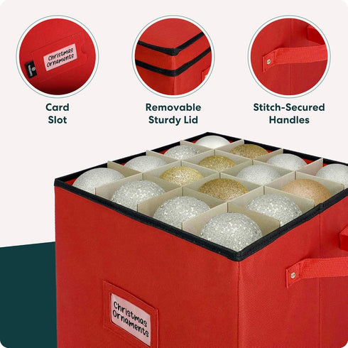 Handy Laundry Christmas Ornament Storage - Holds Up to 64 Ornaments, Adjustable Dividers, Red Storage Box