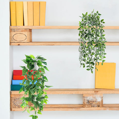 2Pcs Der Rose Fake Plants Artificial Potted Faux Hanging Ivy Vines Plants Indoor for Home Bathroom Shelf Wall Bookshelf