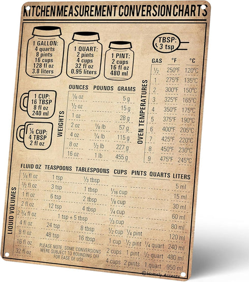 Kitchen Measurement Conversion Chart Vintage Tin Sign, Rustic Metal Poster for Cooking and Baking Guide, 8x12 Inches