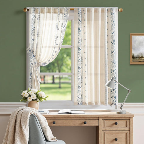 jinchan 54 Inch 2 Winslow Linen Curtains Length Small Window Curtains Embroidered Bordered Floral Drapes Light