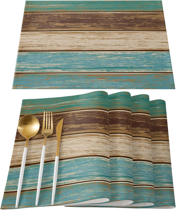 Vandarllin Placemats Set of 6, Retro Rustic Wood Texture, Washable Polyester Stain Resistant Table Mats for Dining