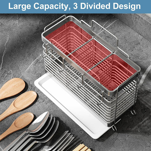 Utensil Holder with 3 Compartments, Stainless Steel Drying Rack, Dish Drainer for Kitchen Counter, Silverware Organizer