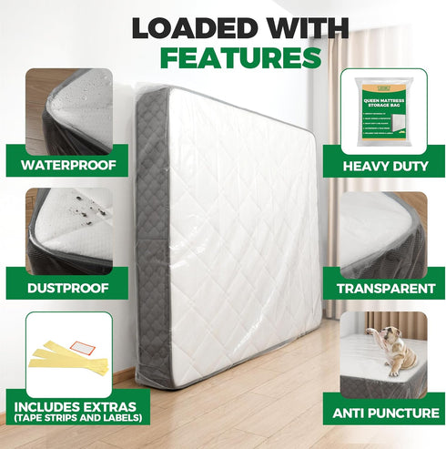 Queen Mattress Bags for Moving & Storage, Heavy Duty 4mil Reusable Waterproof Plastic Cover for Queen Size Bed