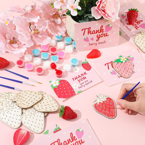24 Set Strawberry Happy Birthday Party Favors Cards with Wood Painting Crafts Strawberry Coloring Party Supplies